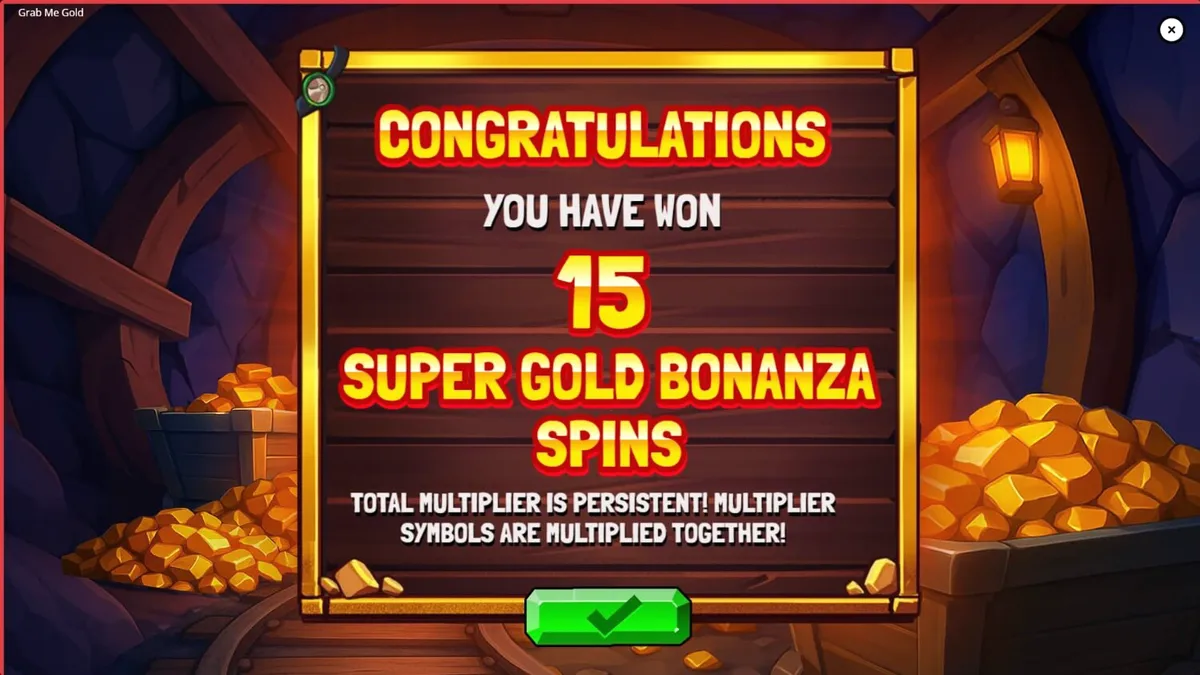 Grab Me Gold slot machine interface na may temang pagmimina at ginto